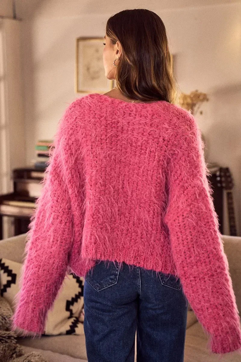 SO ME Soft Touch Hairy Loose Fit Cozy Sweater Cardigan - DAVERRI FASHIONS
