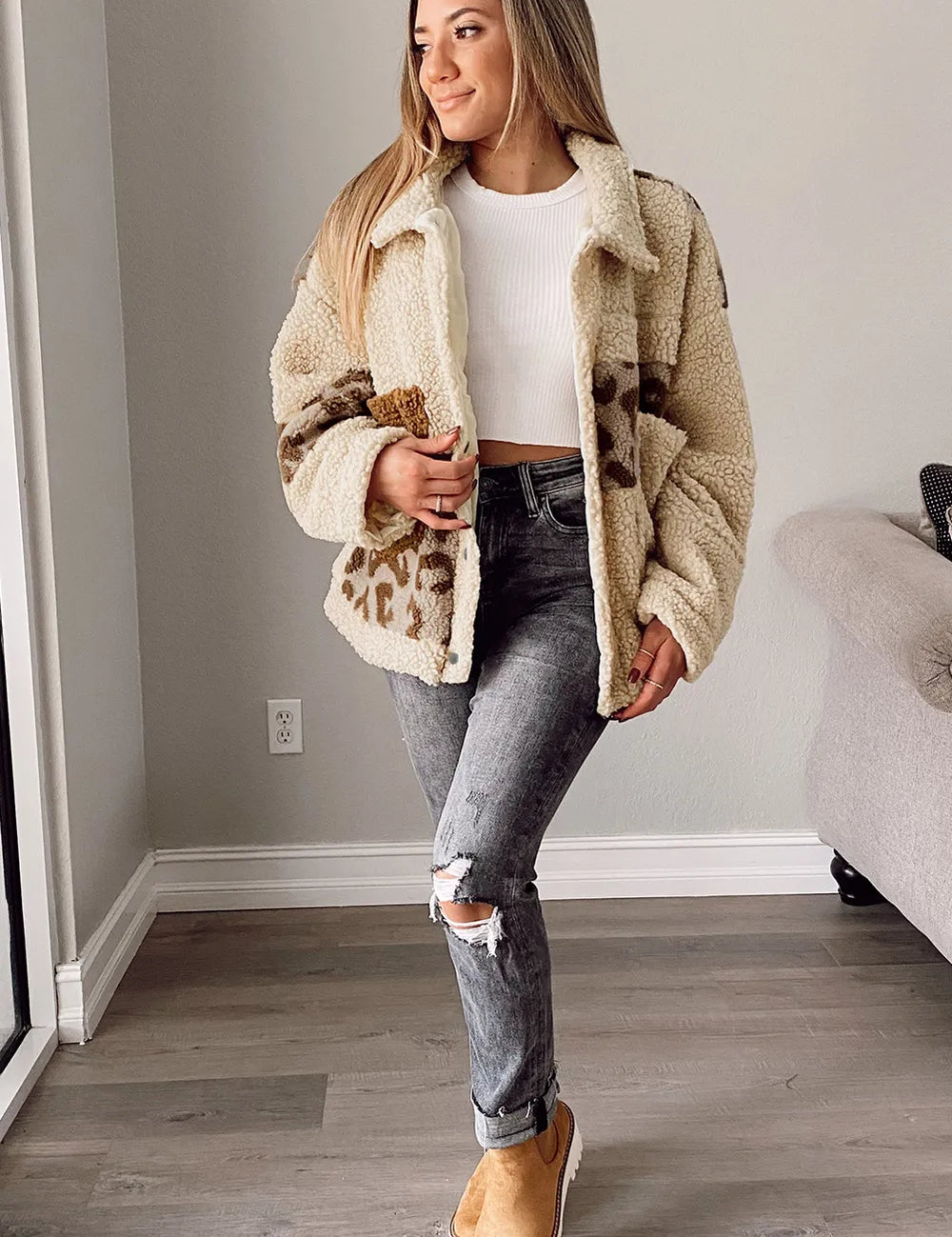 Pocketed Leopard Collared Neck Sherpa Jacket | Jackets Daverri Fashions