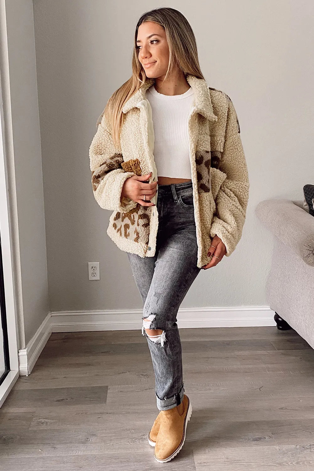 Pocketed Leopard Collared Neck Sherpa Jacket | Daverri Fashions