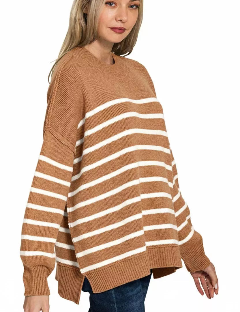 Zenana Exposed Seam Striped Oversized Sweater Camel | Sweaters Daverri Fashions