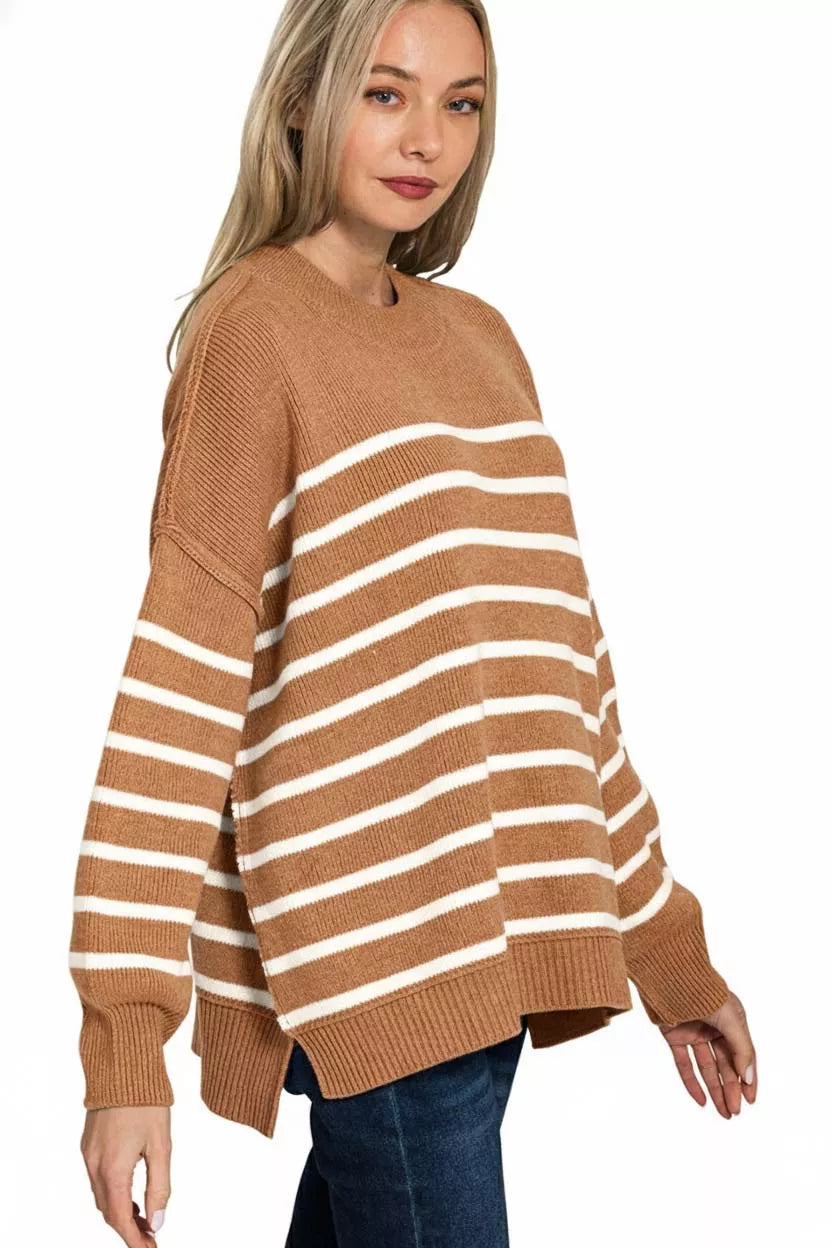 Zenana Exposed Seam Striped Oversized Sweater Camel | Sweaters Daverri Fashions