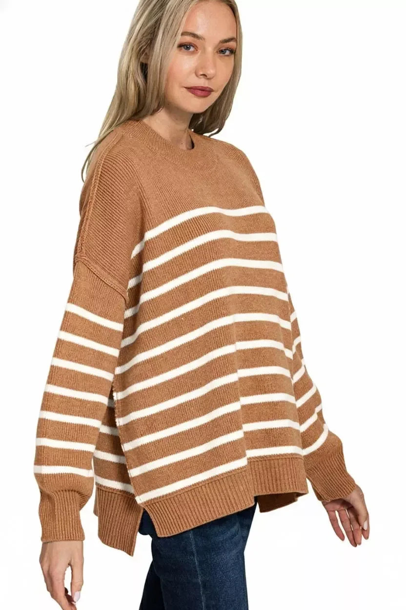 Zenana Exposed Seam Striped Oversized Sweater Camel - DAVERRI FASHIONS