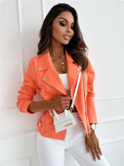 Orange Asymmetrical Zip-Up Lapel Collar Jacket | Jackets Daverri Fashions