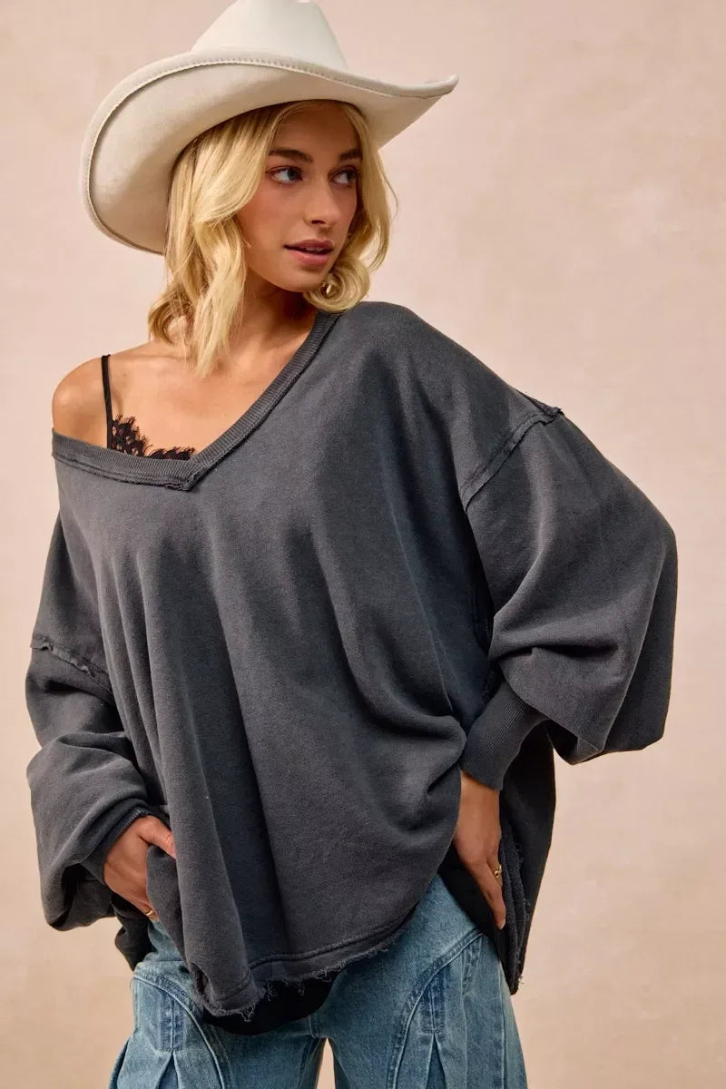 BiBi Mineral Washed French Terry Oversized Sweatshirt - DAVERRI FASHIONS