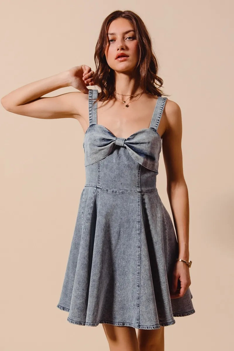 SO ME Mineral Washed Bow Ribbon Denim Flare Dress Mini Dresses