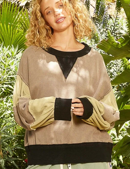 Mocha POL Waffle-Knit Detail Color Block Round Neck Sweatshirt | Sweatshirts Daverri Fashions