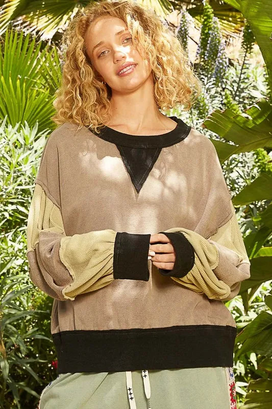 POL Waffle-Knit Detail Color Block Round Neck Sweatshirt Mocha Sweatshirts
