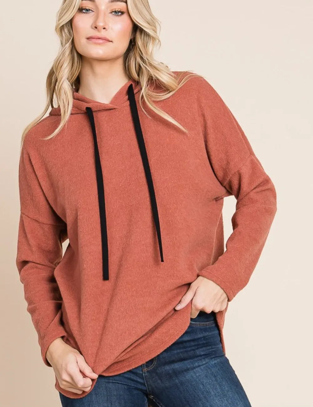 Brick BOMBOM Contrast Drawstring Drop Shoulder Knit Hoodie | Hoodies Daverri Fashions