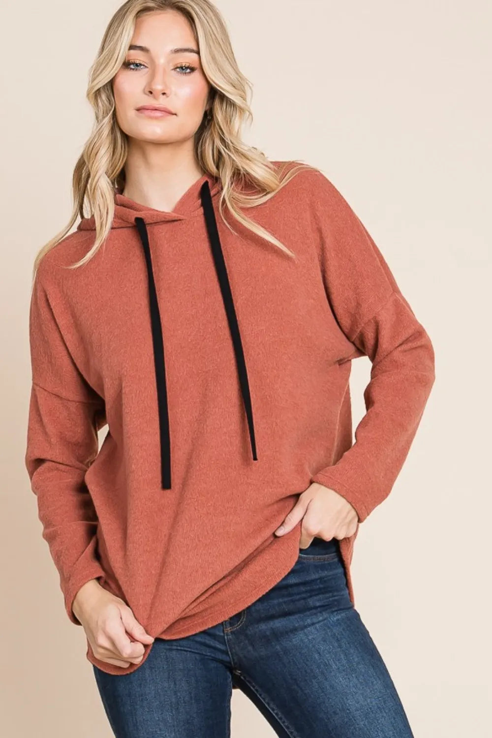 Brick BOMBOM Contrast Drawstring Drop Shoulder Knit Hoodie | Hoodies Daverri Fashions