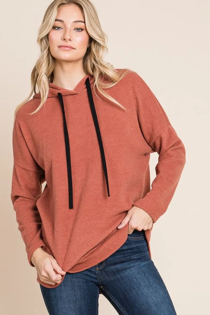 Brick BOMBOM Contrast Drawstring Drop Shoulder Knit Hoodie | Hoodies Daverri Fashions