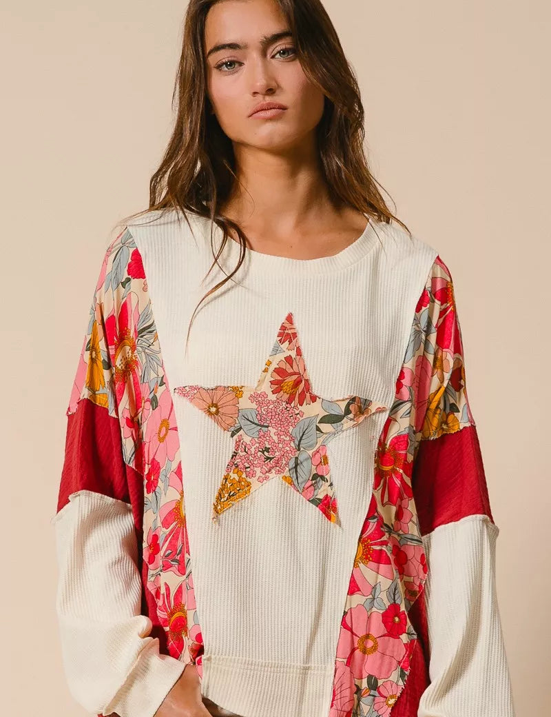BiBi Floral Print Mixed Star Patch Round Neck Sweatshirt