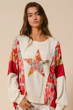 BiBi Floral Print Mixed Star Patch Round Neck Sweatshirt - DAVERRI FASHIONS