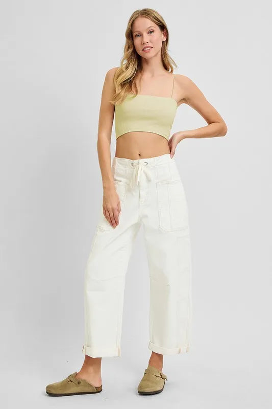 RISEN Full Size High Rise Crop Wide Barrel Cargo Pocket Jeans Plus Size Cargo Jeans