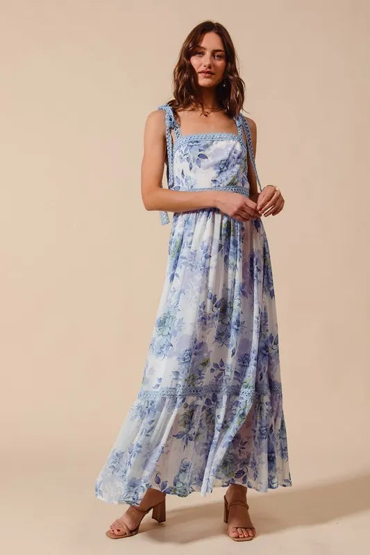 SO ME Floral Print Flowy Maxi Dress with Lace Ribbon Tie OFF WHITE BLUE