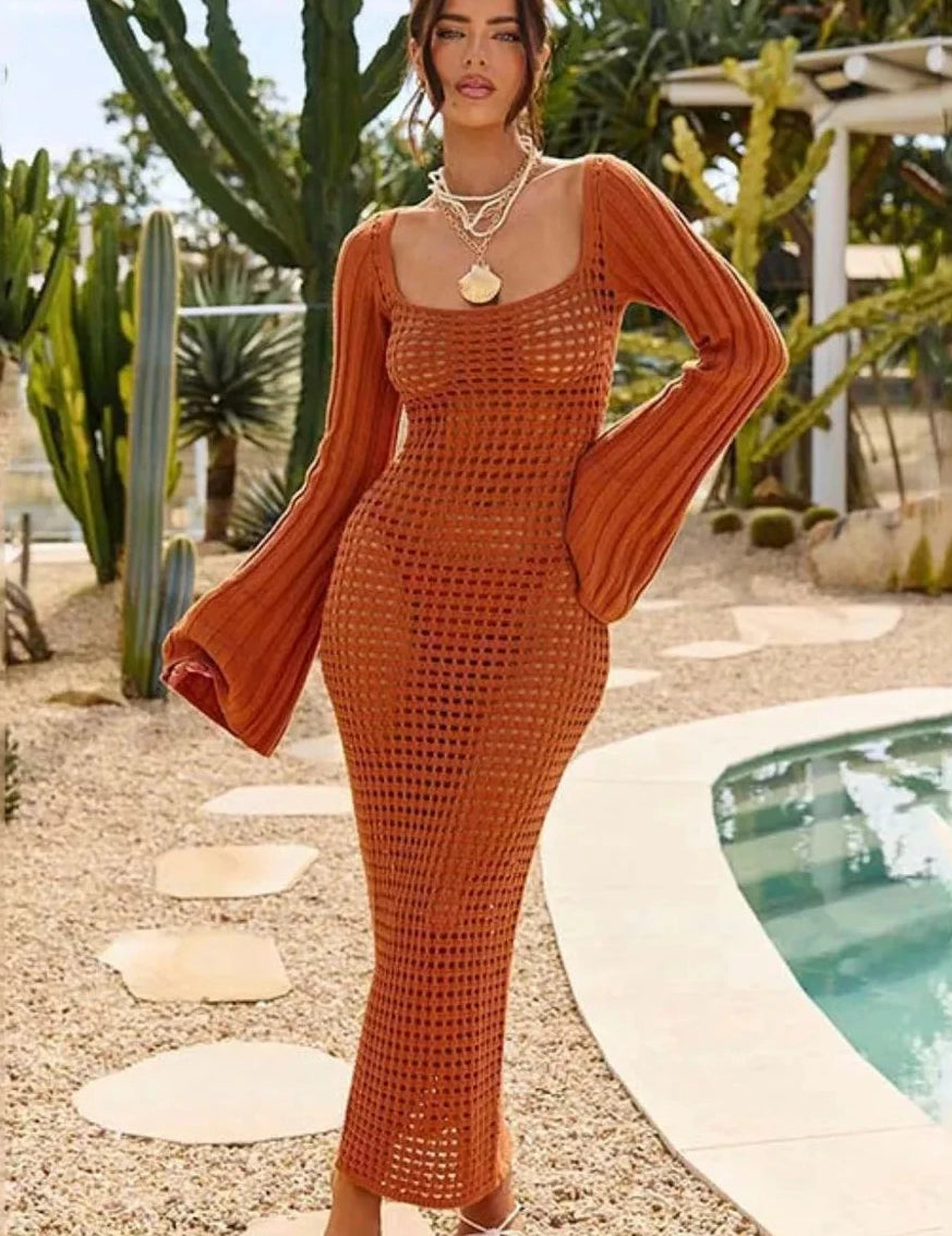 Terracotta Openwork Square Neck Flare Sleeve Cover-Up Dress | Cover-Ups Daverri Fashions