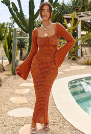 Terracotta Openwork Square Neck Flare Sleeve Cover-Up Dress | Cover-Ups Daverri Fashions