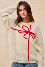 BiBi Christmas Ribbon Bow Embroidery Sweater | Sweaters Daverri Fashions