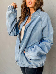 Elastic Edge Collared Zip Up Denim Jacket With Pocket | Denim Jackets Daverri Fashions