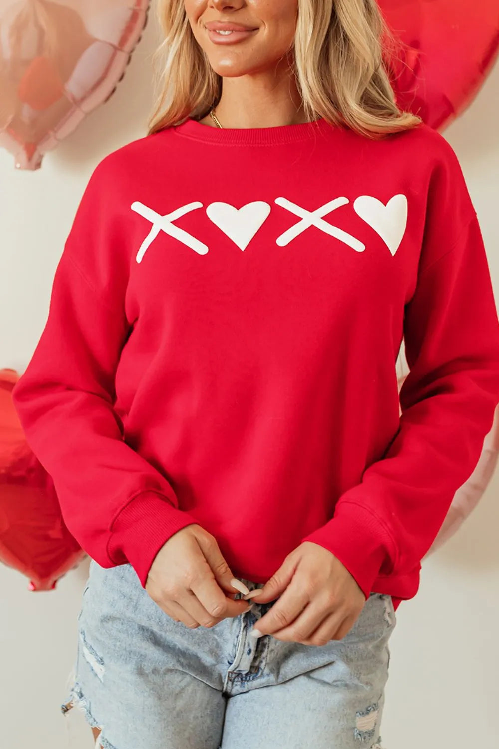 Red Valentine’s Day XOXO Round Neck Drop Shoulder Sweatshirt | Sweatshirts Daverri Fashions