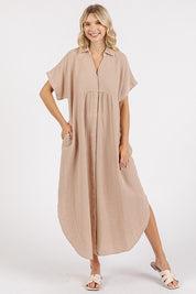 Mittoshop Mineral Wash V Neck Button Up Midi Shirt Dress Natural Midi Dresses