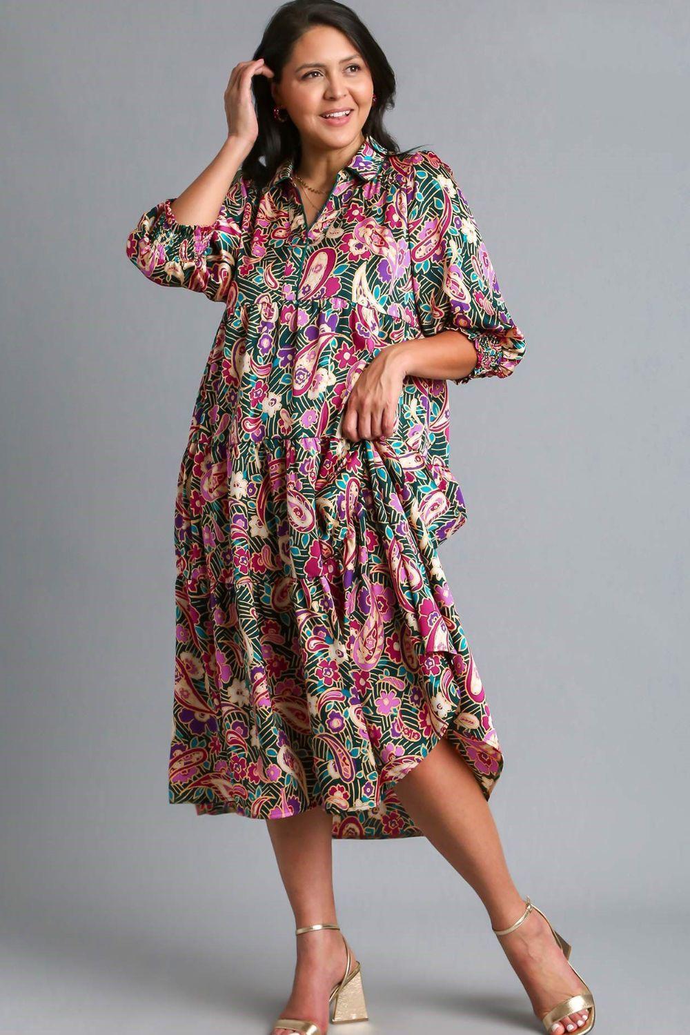 Umgee Full Size Paisley Print Satin Tiered Midi Dress Plus Size Mid Dresses