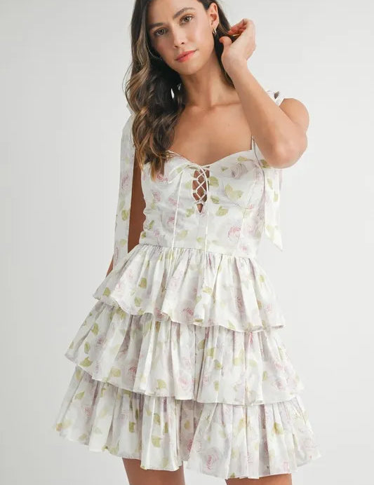 Off White MABLE Floral Print Shoulder Tie Layered Mini Dress | Daverri Fashions