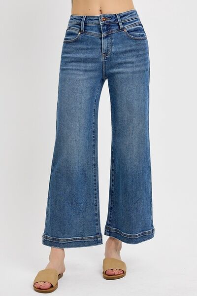 RISEN Full Size High Rise Crop Wide Leg Front Yoke Detail Jeans Jeans