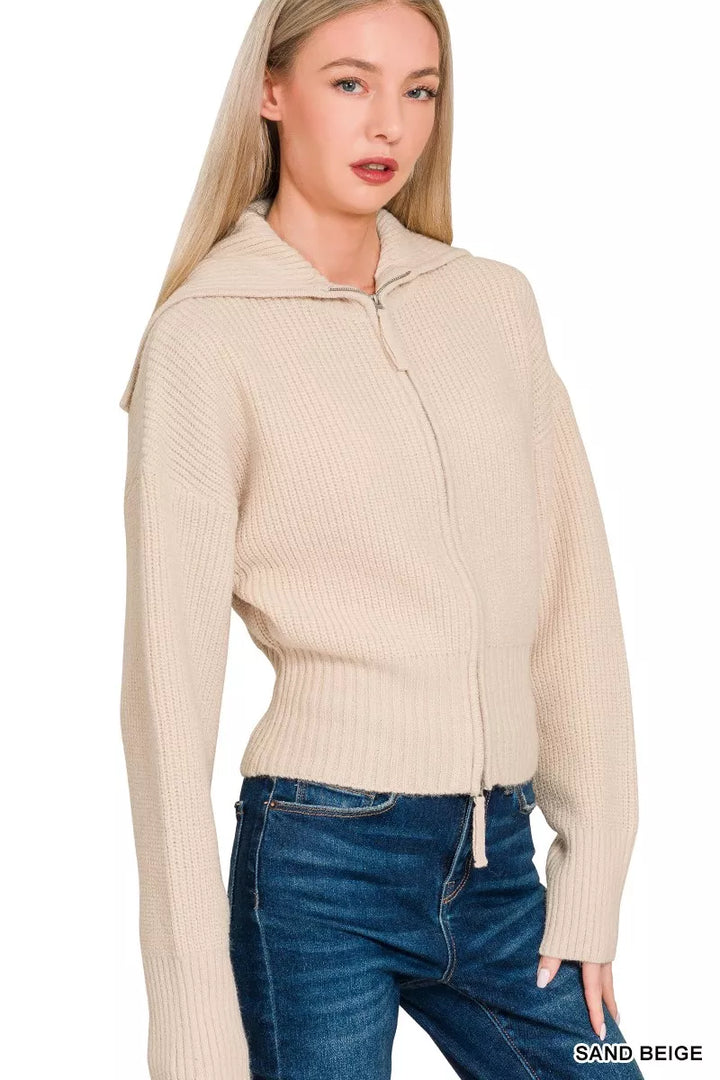 Zenana Ribbed Collared Zip Up Sweater Cardigan | Daverri Fashions