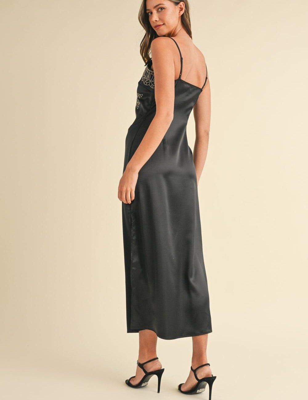 Mable Embroidered Cami Satin Midi Slit Dress | Daverri Fashions