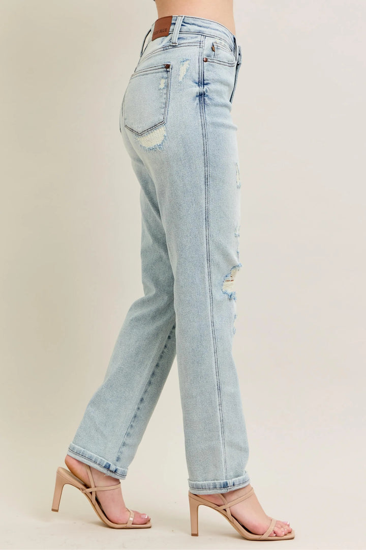 Judy Blue Full Size Mr Repair Stitch Detail Destroy Single Cuff Bf Jeans Plus Size | Jeans Daverri Fashions