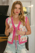 BiBi Leopard Sweater Vest With Front Tie and Scallop Detail IVORY PINK Vests