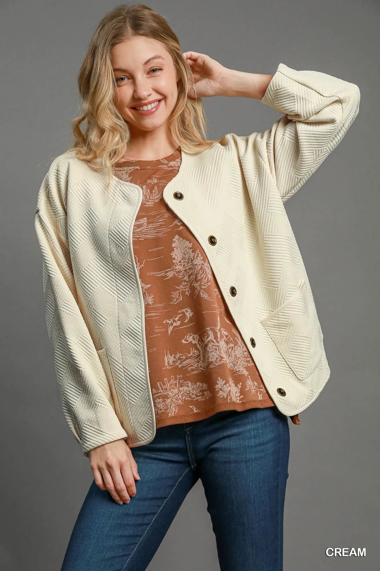 Umgee Textured Jacquard Jacket Cream Jackets