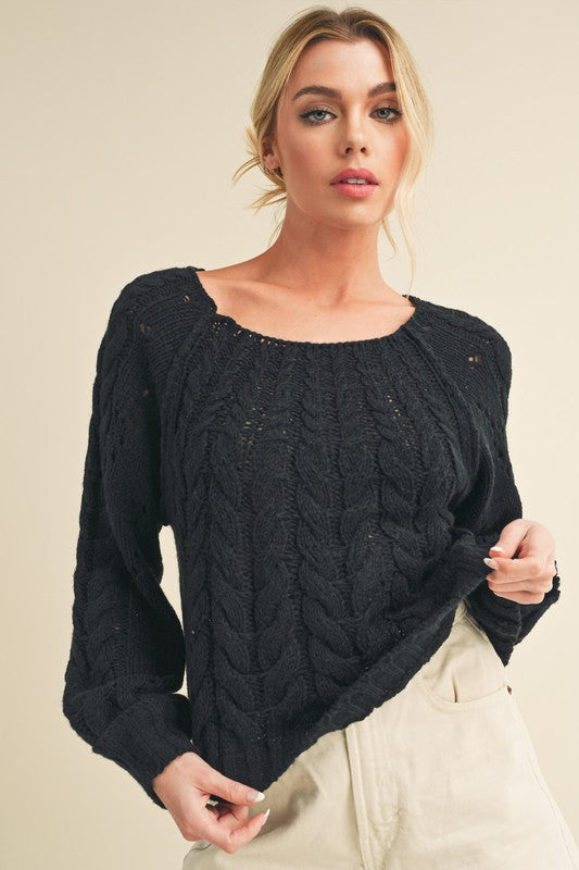 Aemi + Co Cable-Knit Openwork Round Neck Sweater Black Sweaters