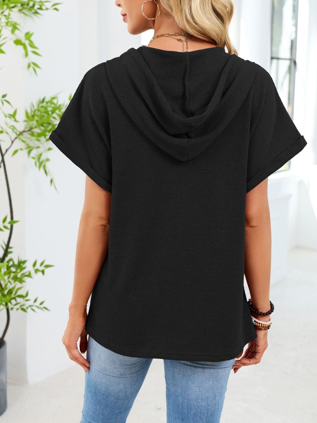 Daverri casual waffle knit button detail black ribbed hooded top