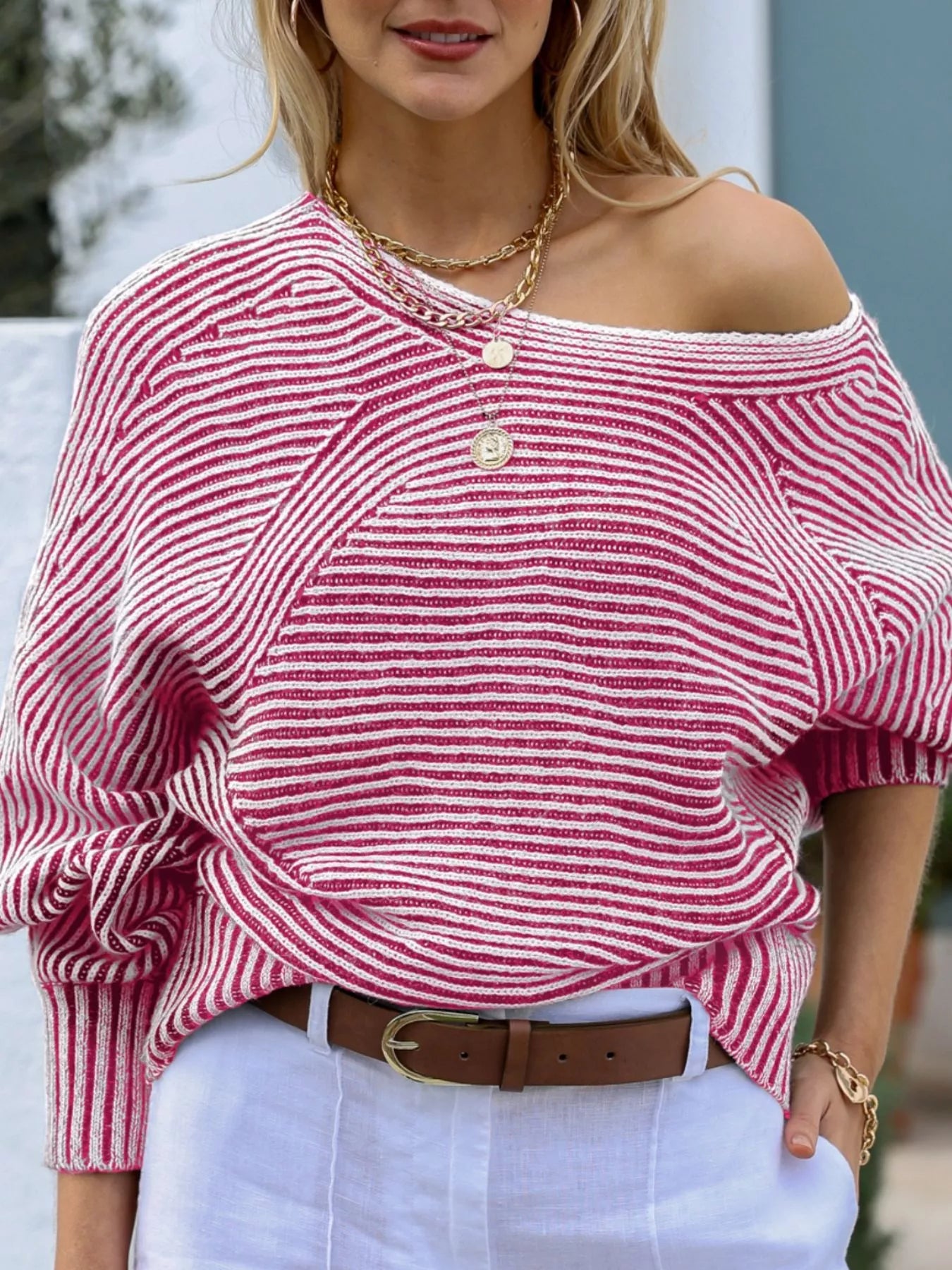 Striped Boat Neck Casual Sweater | Sweaters Daverri Fashions