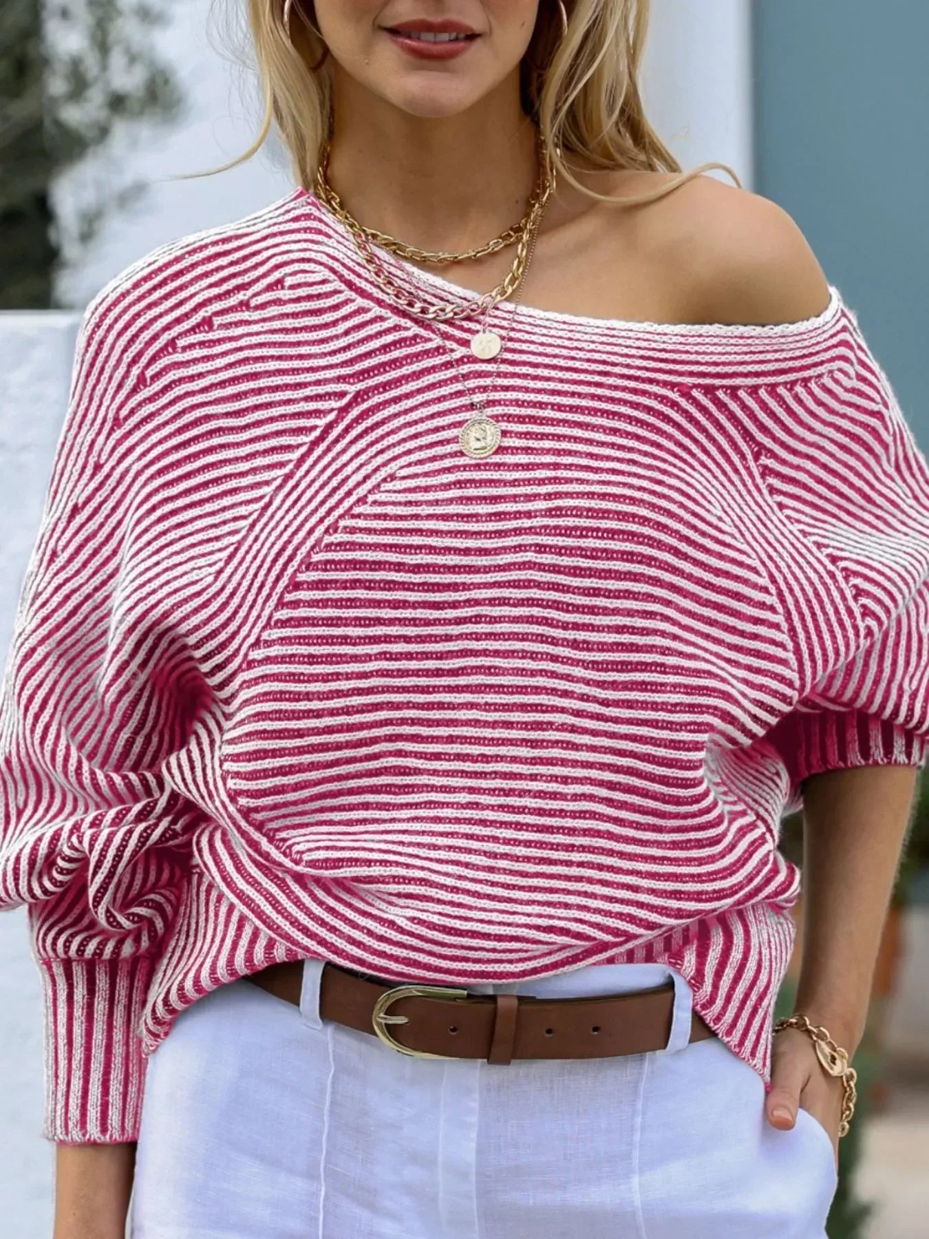 Striped Boat Neck Casual Sweater - DAVERRI FASHIONS