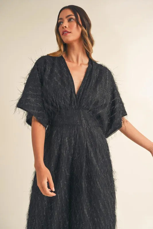 MABLE Fluffy Deep V Neck Wide Leg Jumpsuit Jumpsuits