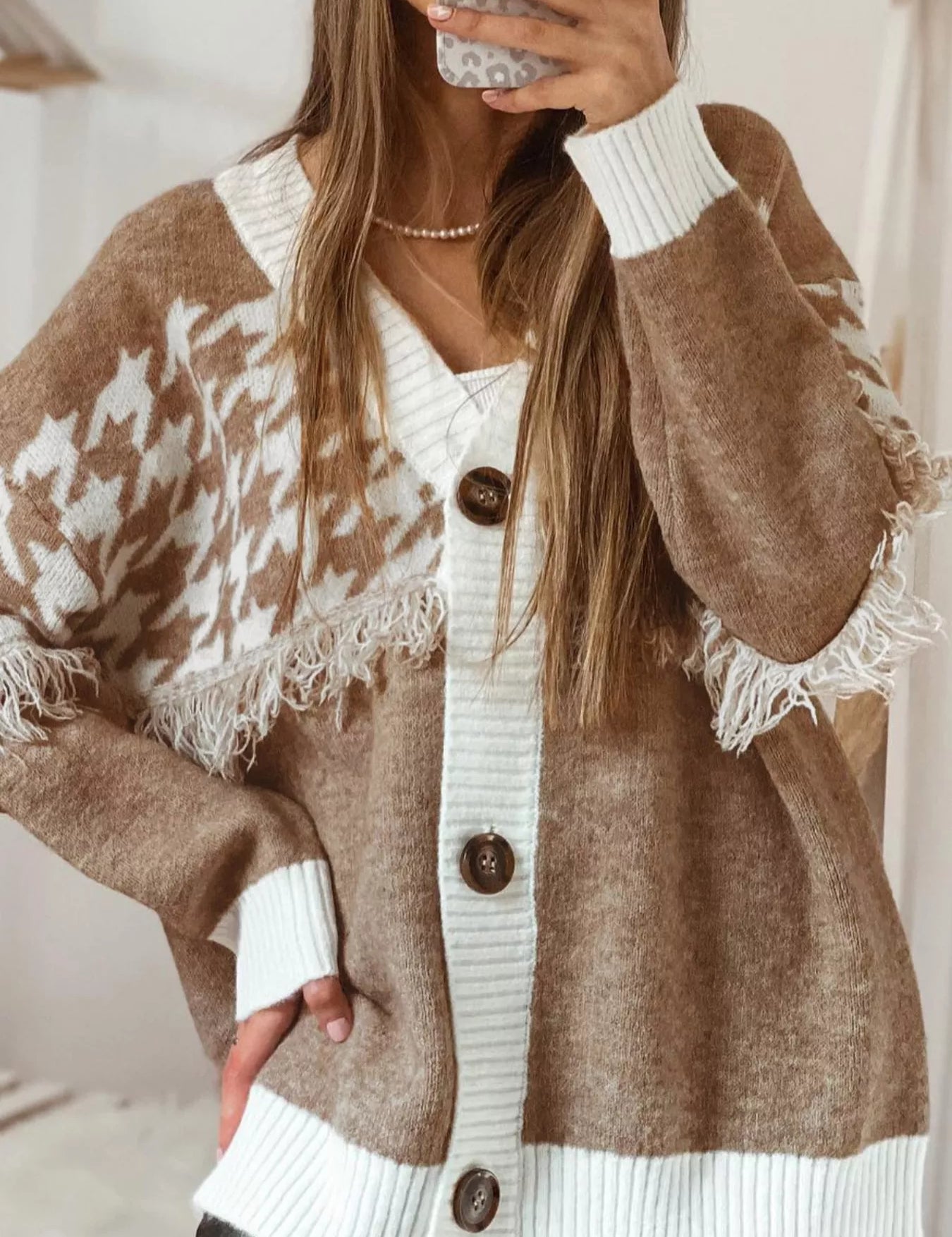 Brown and white floral fringe trim button-up cardigan sweater