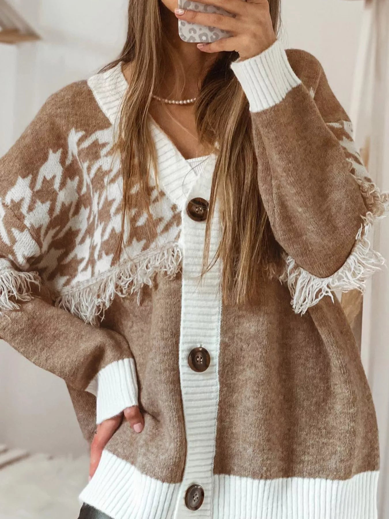 Brown and white floral fringe trim button-up cardigan sweater