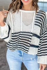 Contrast Striped Crochet Long Sleeve Knit Cover Up | Cover-Ups Daverri Fashions