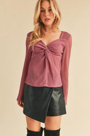 Aemi + Co Twisted Sweetheart Neck Long Sleeve Blouse | Blouses Daverri Fashions
