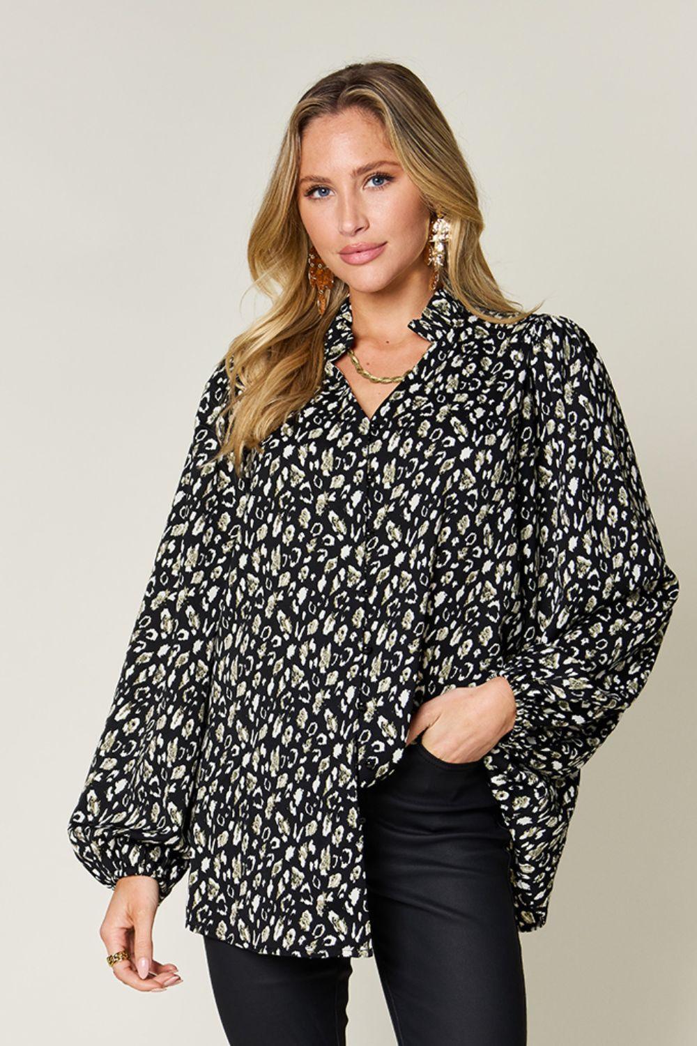 Double Take Full Size Leopard Long Sleeve Blouse Black Shirts & Tops
