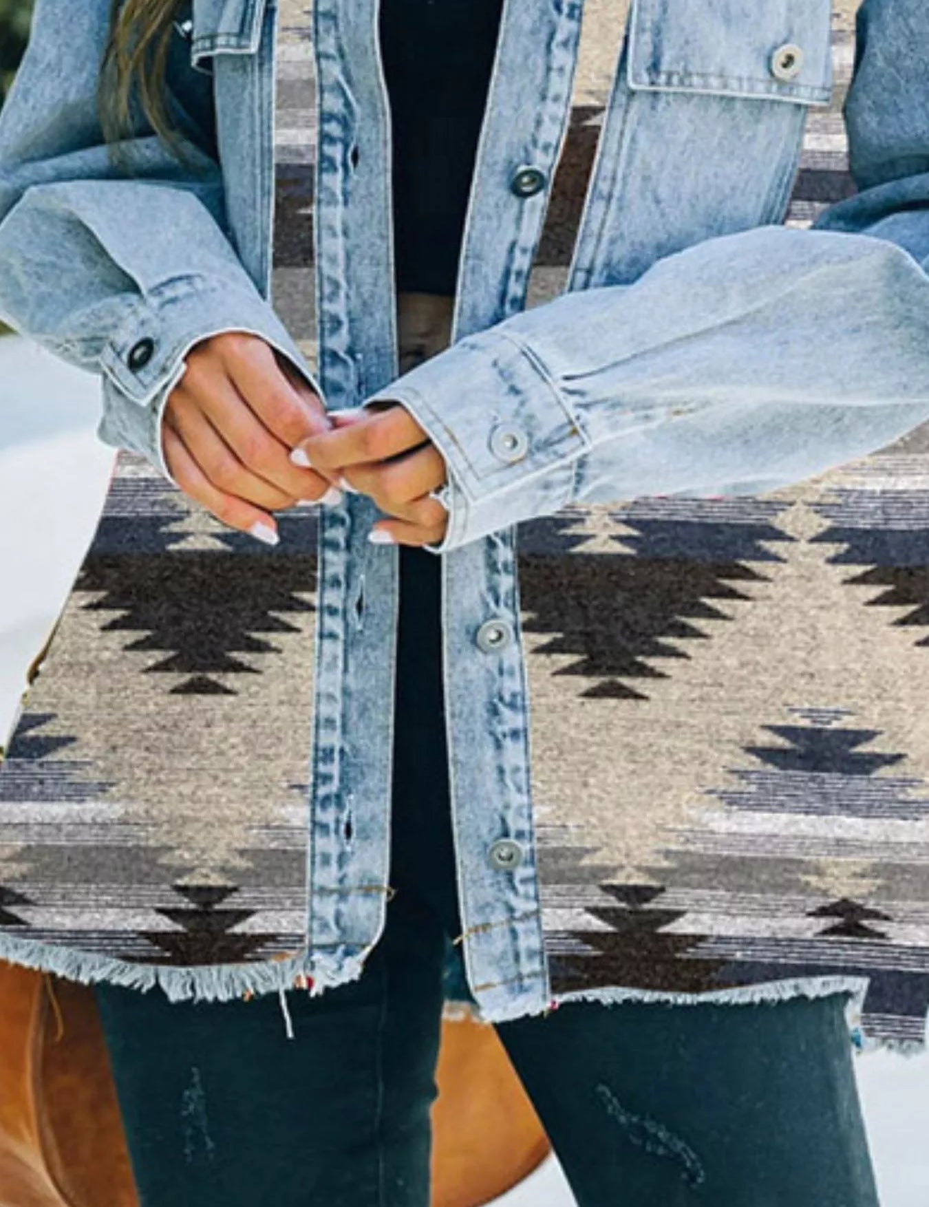 Printed Botton Down Long Sleeve Denim Jacket | Denim Jackets Daverri Fashions