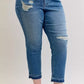 Judy Blue Full Size Mid Rise Bf Patch & Repair Destroy Release Hem Jeans Plus Size - DAVERRI FASHIONS