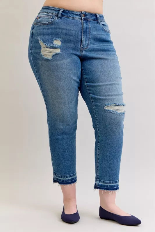 Judy Blue Full Size Mid Rise Bf Patch & Repair Destroy Release Hem Jeans Plus Size | Jeans Daverri Fashions