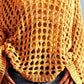 Mustard-yellow crochet long sleeve knit cover up with openwork and frayed edges