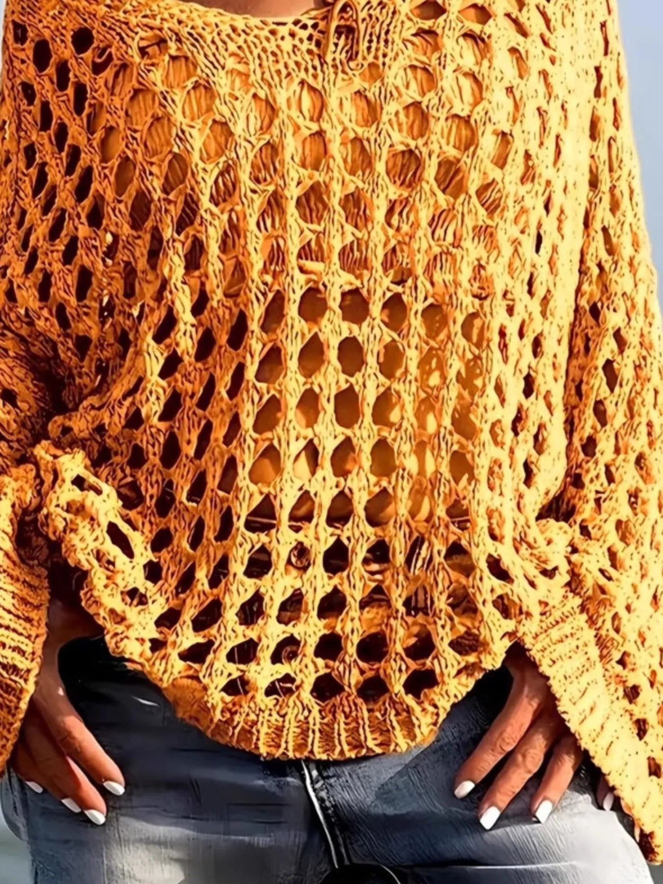 Mustard-yellow crochet long sleeve knit cover up with openwork and frayed edges