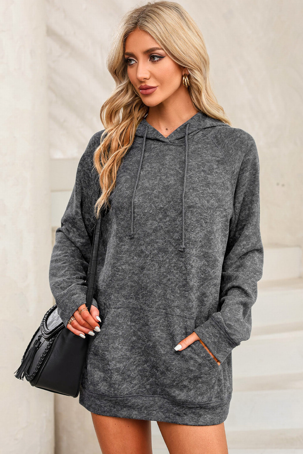 Long Sleeve Front Pocket Hoodie Charcoal Tops