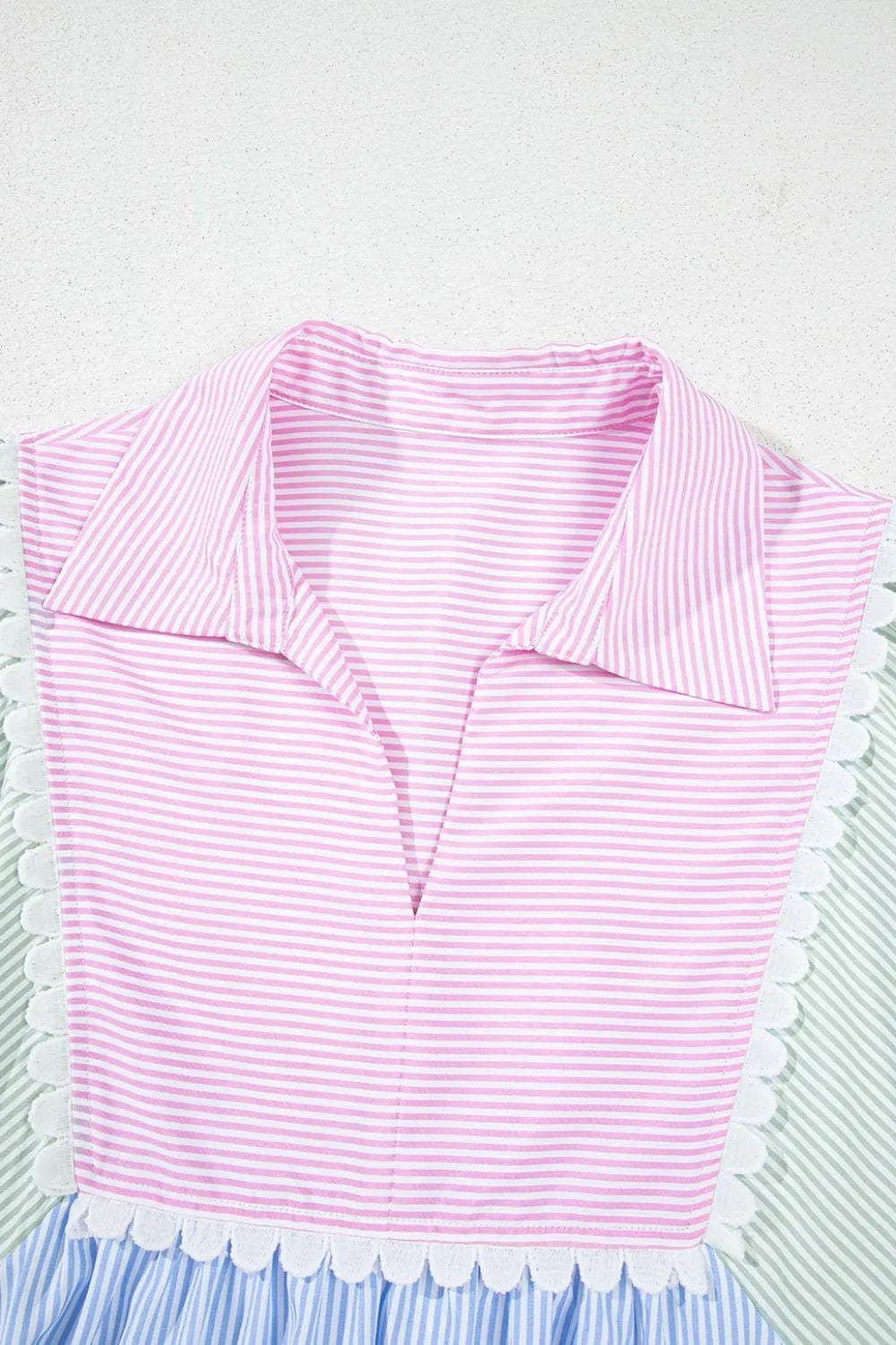 Pink and white striped collar with scalloped edge on mini dress