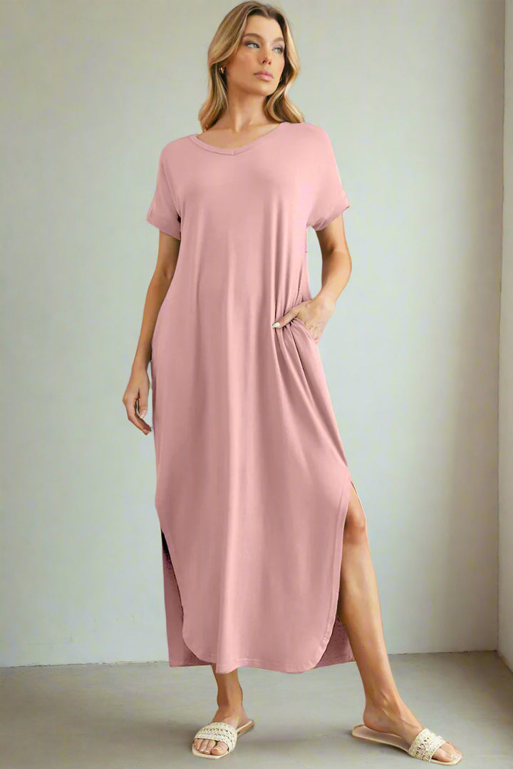 Pink Solid Color Hidden Pocket V Neck Slit Maxi Dress Maxi Dresses